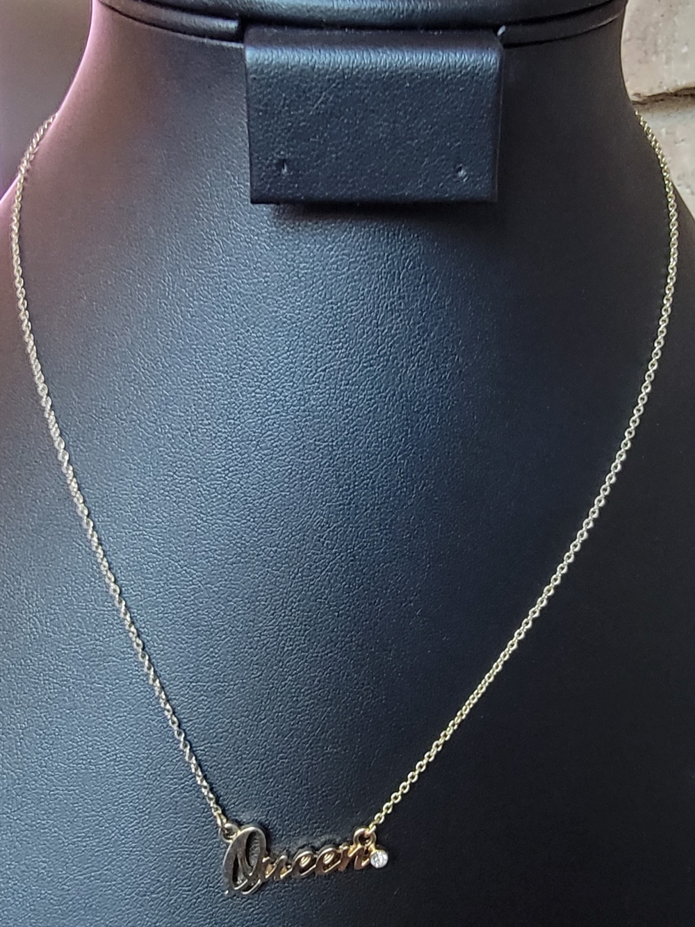 Goldtone 'Queen' Script Necklace with Clear Stone